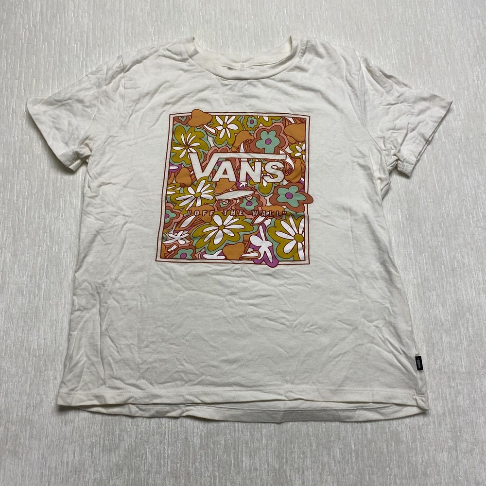 Vans 70a Hippie T-Shirt Womens XL White Floral Mushroom Graphic Skater Boho